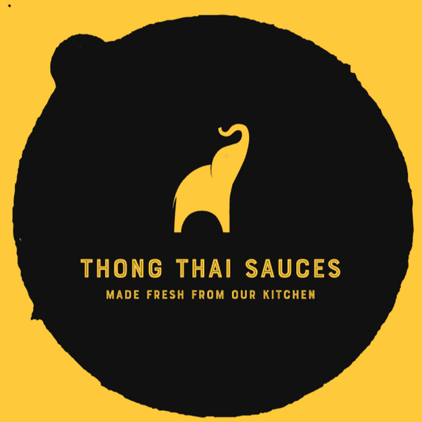 Thong Thai Sauces logo with a yellow elephant silhouette on a black circle against a yellow background